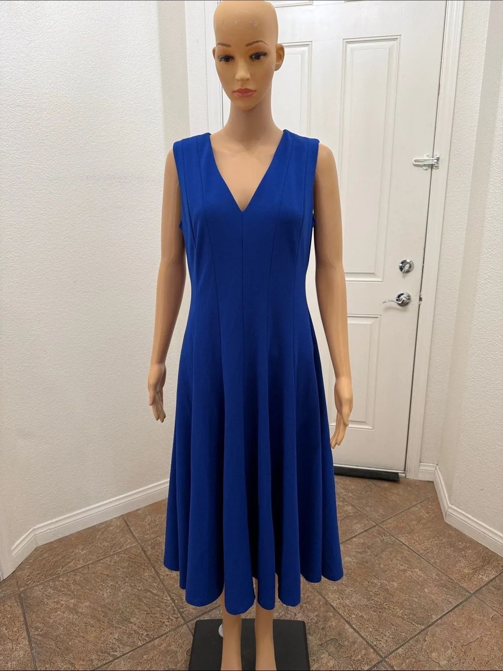 Calvin Klein V-Neck Sleeveless Royal Cobalt Blue Midi Dress Sleeveless Sz 8